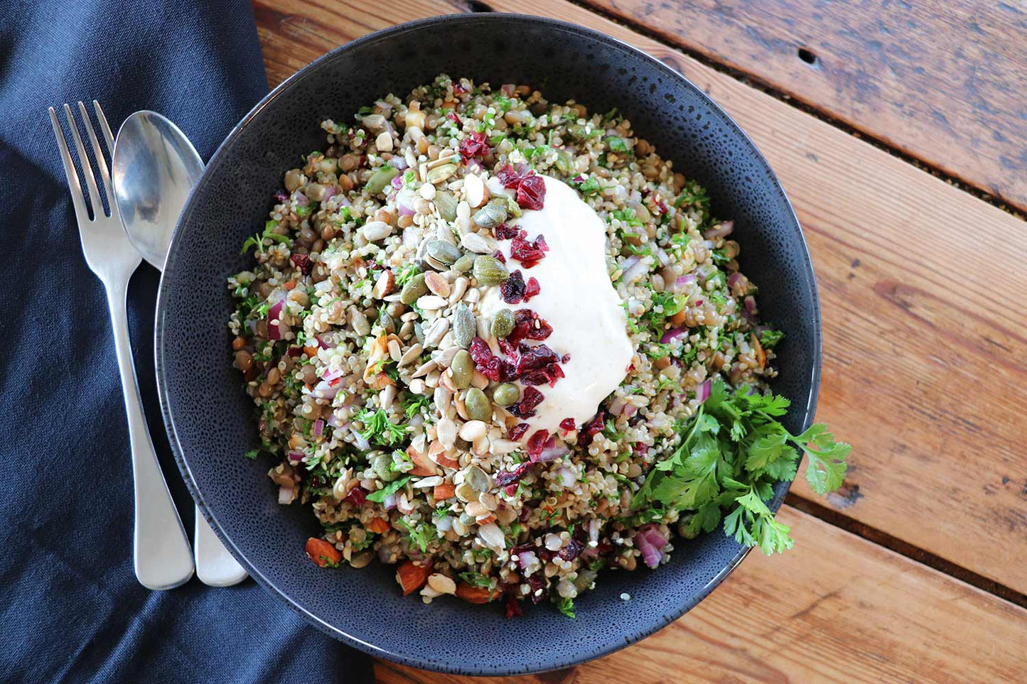 Crunchy Quinoa and Herb Salad with Cumin Yogurt Dressing