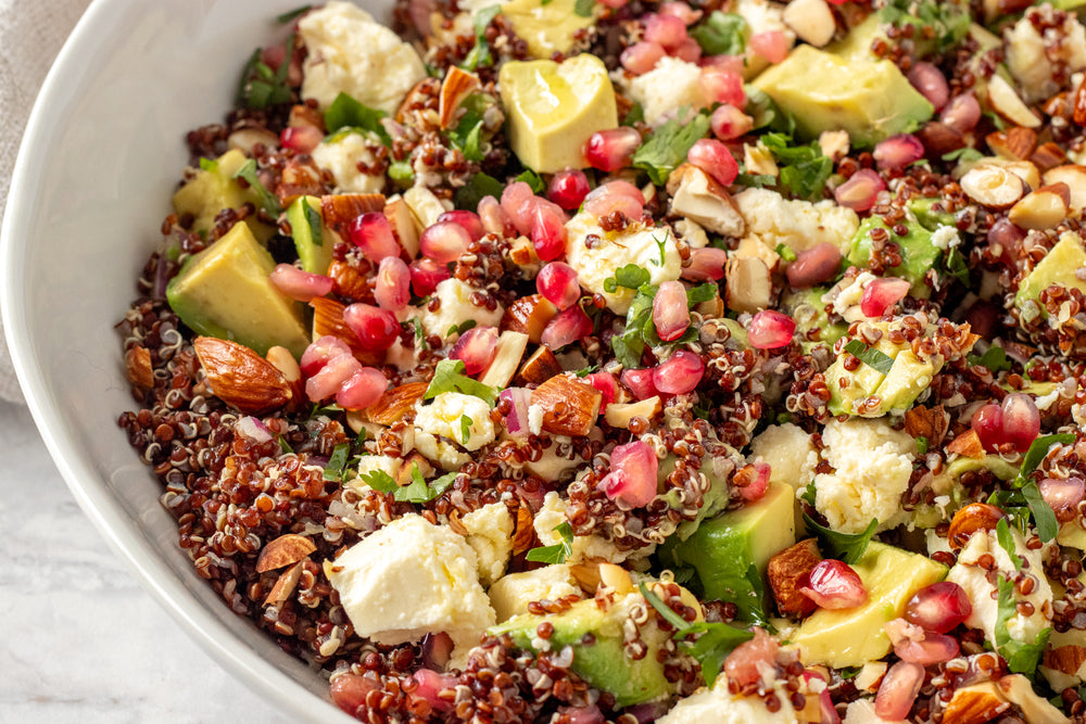 Crunchy Red Quinoa Salad with Avocado, Almonds, and Pomegranate