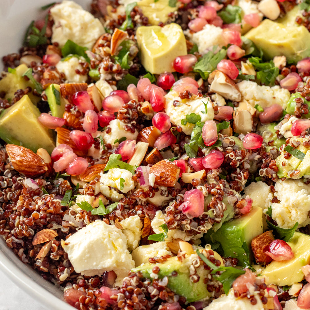 Crunchy Red Quinoa Salad with Avocado, Almonds, and Pomegranate