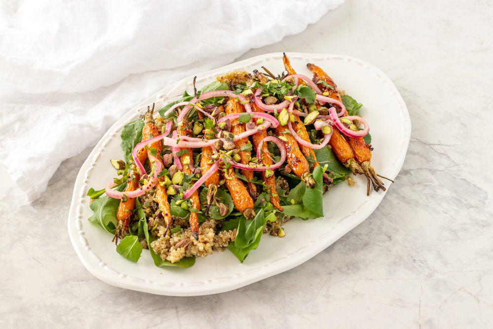 Honey Mustard Roasted Carrot & Quinoa Salad with Pistachios and Pickled Onions